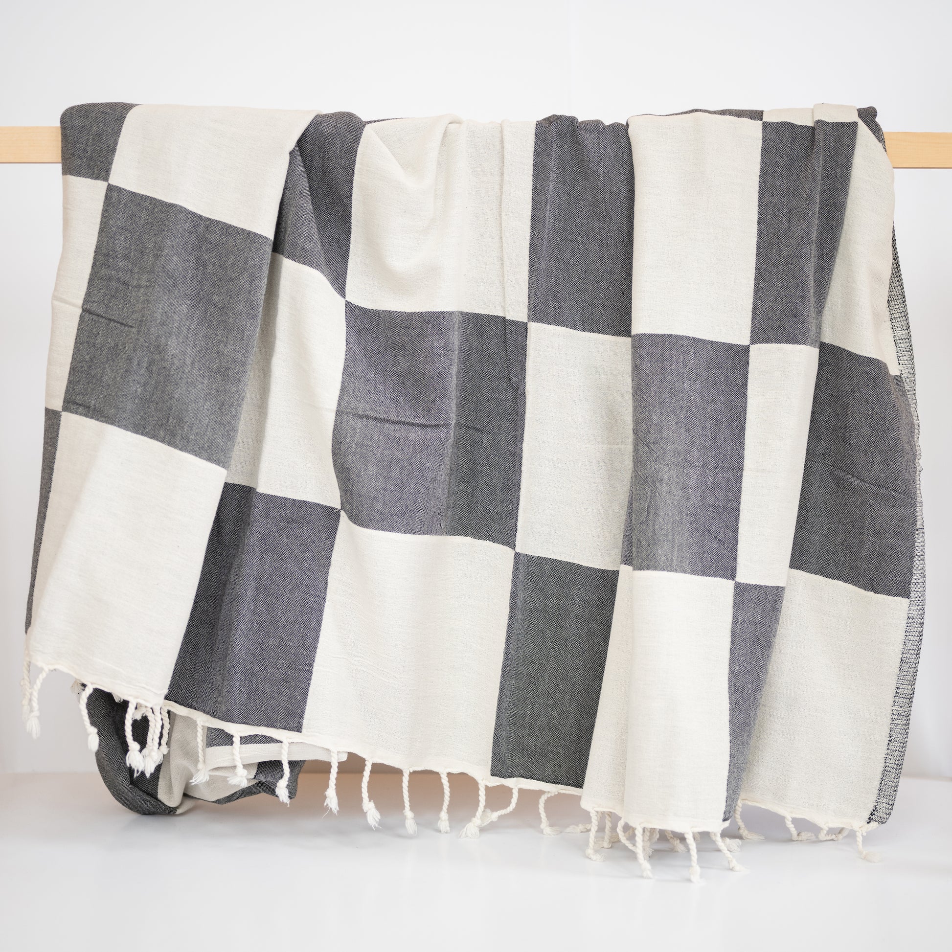 black and off white large checkered throw blanket made with turkish cotton and fringes