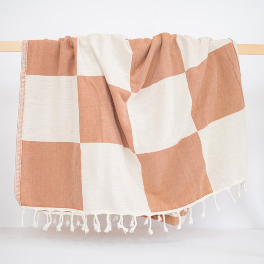 terracotta and off white large checkered throw blanket made with turkish cotton and fringes