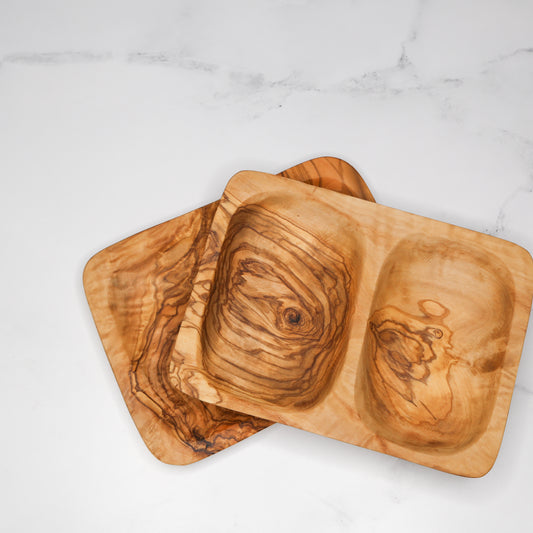 Olive Wood Two Section Snack Dish